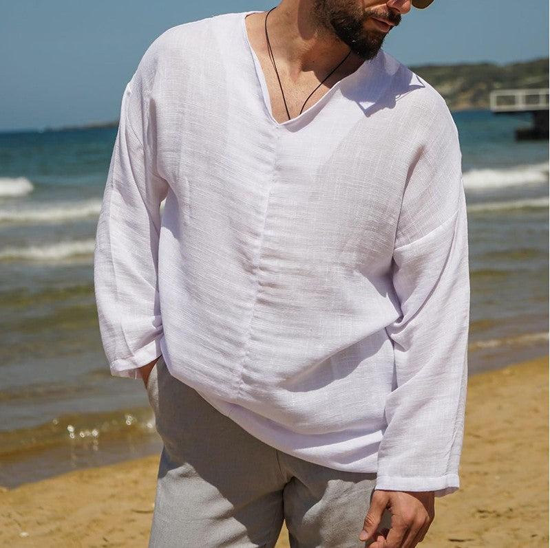 Men’s Linen Shirt – Relaxed Fit – V-Neck – Long Sleeve – Breathable Casual Wear