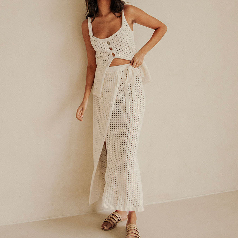 Women’s Two-Piece Knit Set – Cropped Sleeveless Top – Slit Maxi Skirt – Tie Waist