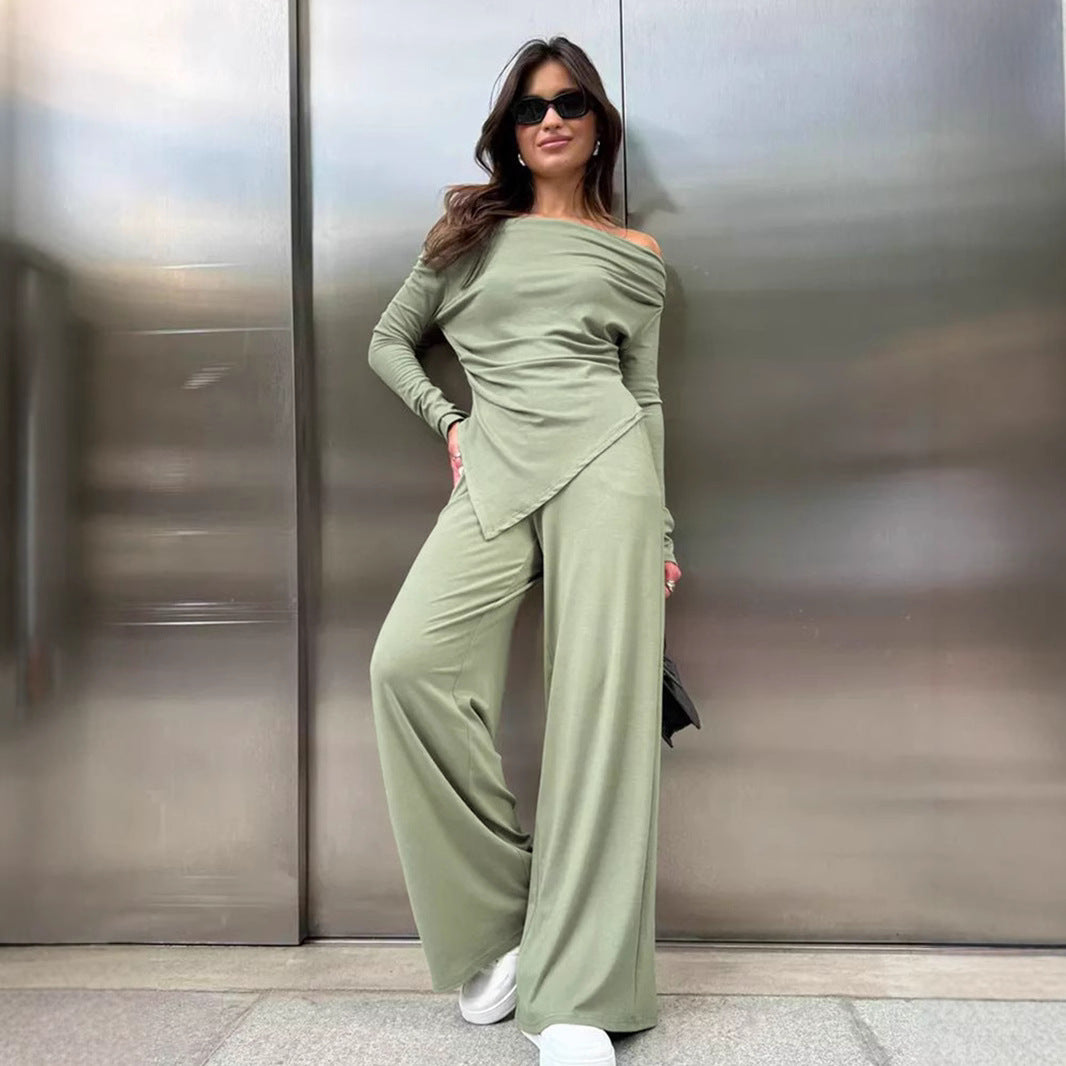 Women’s Knit Set – Off-Shoulder Slim Top – Asymmetrical Hem – Wide-Leg Trousers