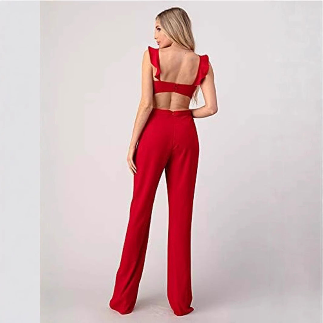 Women’s Jumpsuit – Sleeveless – High Waist – Wide Leg – Ruffle Trim – Cut-Out Detail
