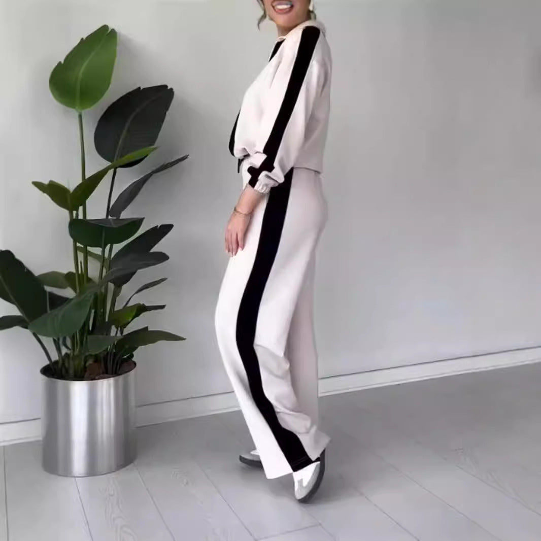 Women’s Two-Piece Set – Relaxed Fit Zip Collar Top & Wide-Leg Drawstring Pants