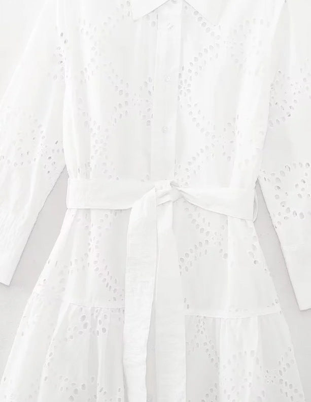 Women’s Midi Dress – Broderie Anglaise – Relaxed Fit – Belted Waist – Button Front
