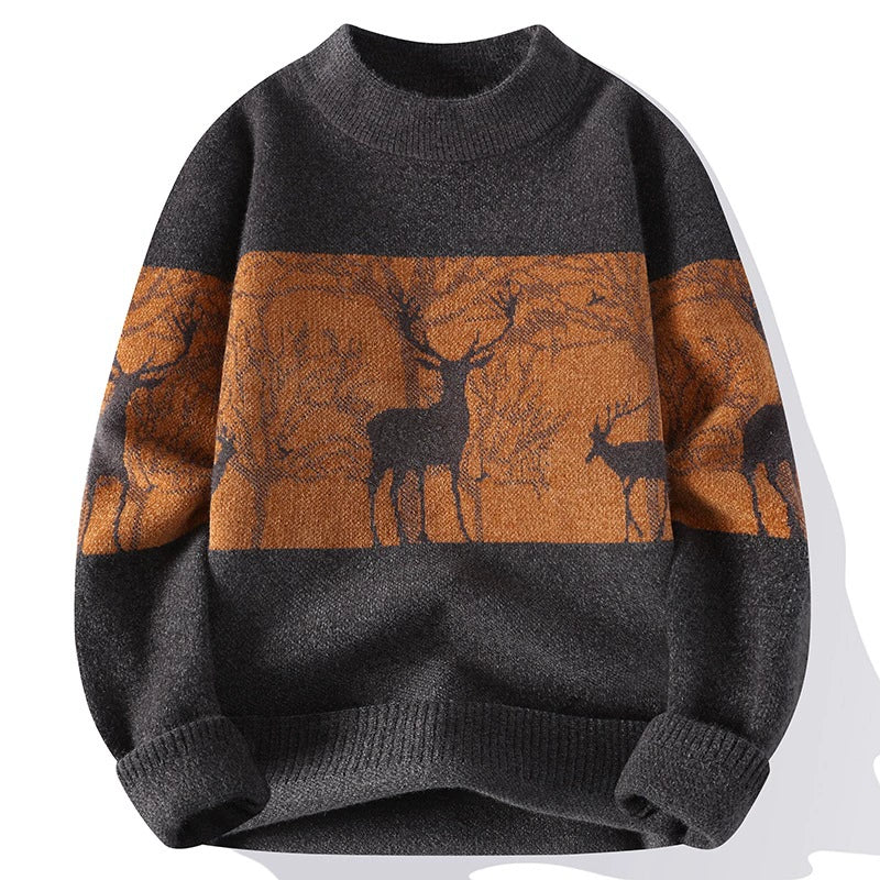 Men’s Pullover Sweater – Loose Fit – Wool Blend Knit – Mock Neck – Deer Pattern