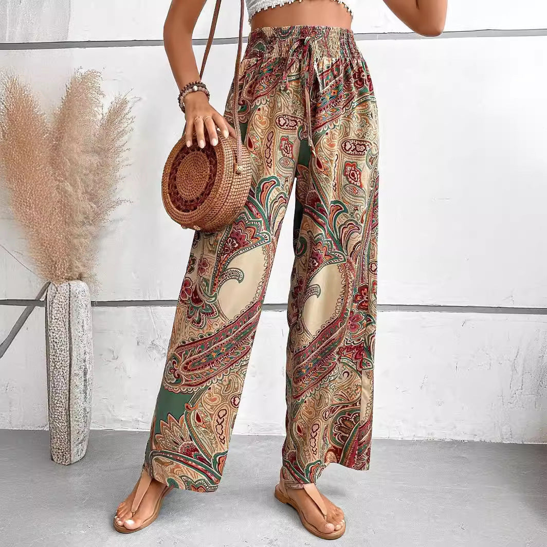 Women’s Wide-Leg Trousers – Relaxed Fit – Elastic Waist – Breathable Blend – Boho Print