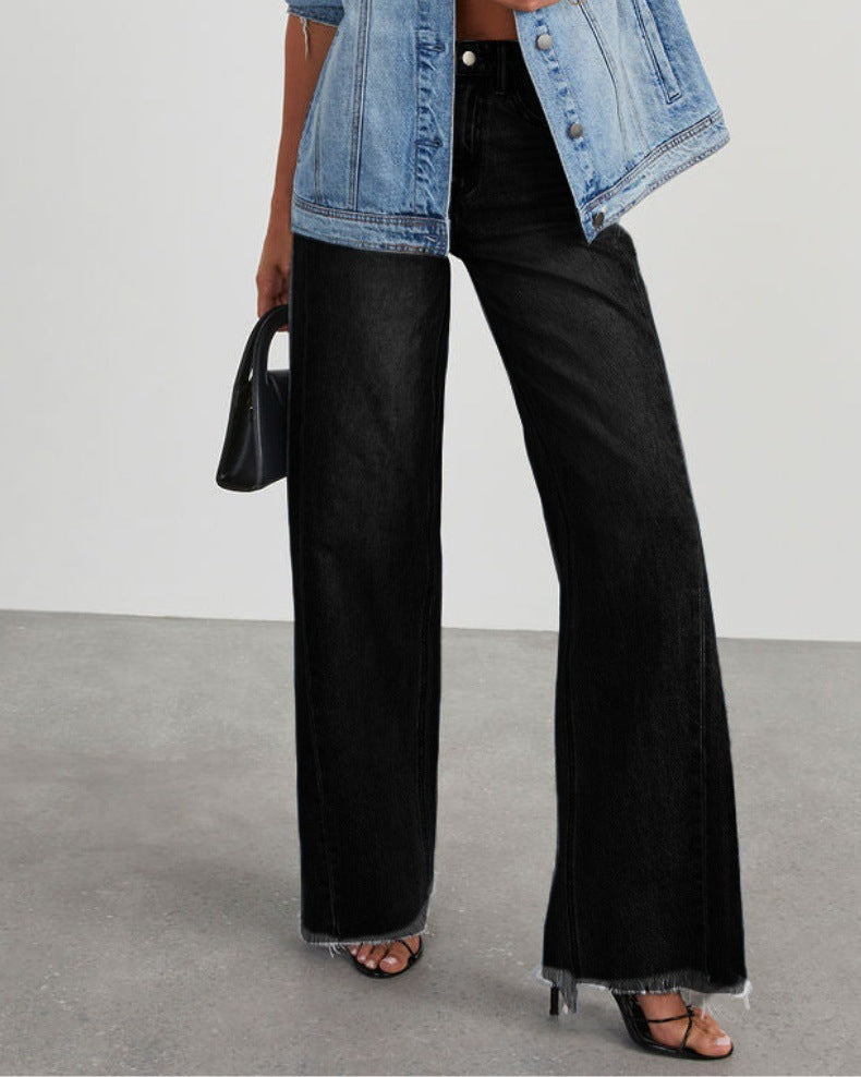 Women’s Wide-Leg Jeans – Sturdy Denim – Relaxed Fit – Raw Hem – Floor-Length Casual Wear