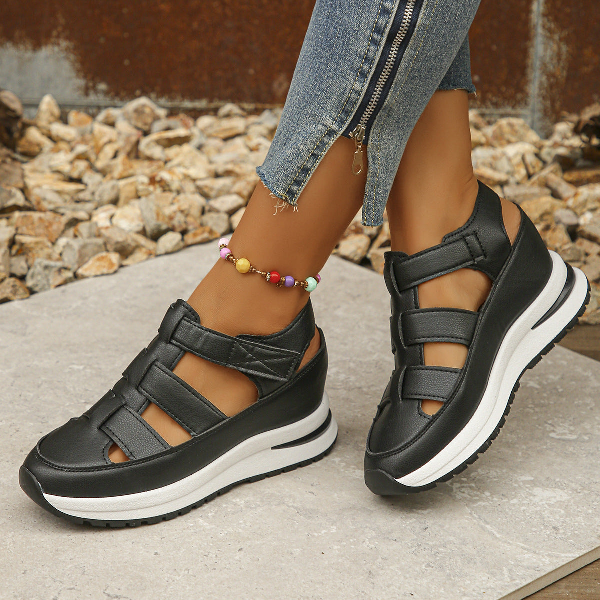 Women’s Wedge Sandals – Closed Toe – Cut-Out Sides – Adjustable Strap – Platform Heel