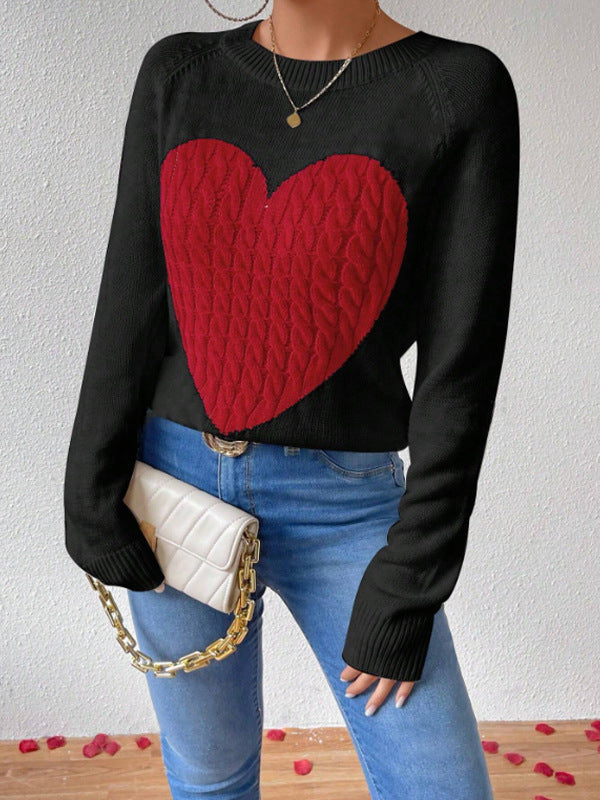 Women’s Pullover Sweater – Knitted – Relaxed Fit – Heart Motif – Crew Neck Casual Wear