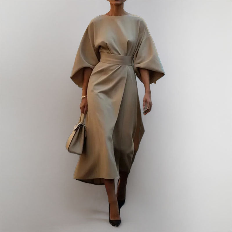 Women’s Long Dress – Satin Feel – Batwing Sleeve – Fitted Waist – Draped Silhouette