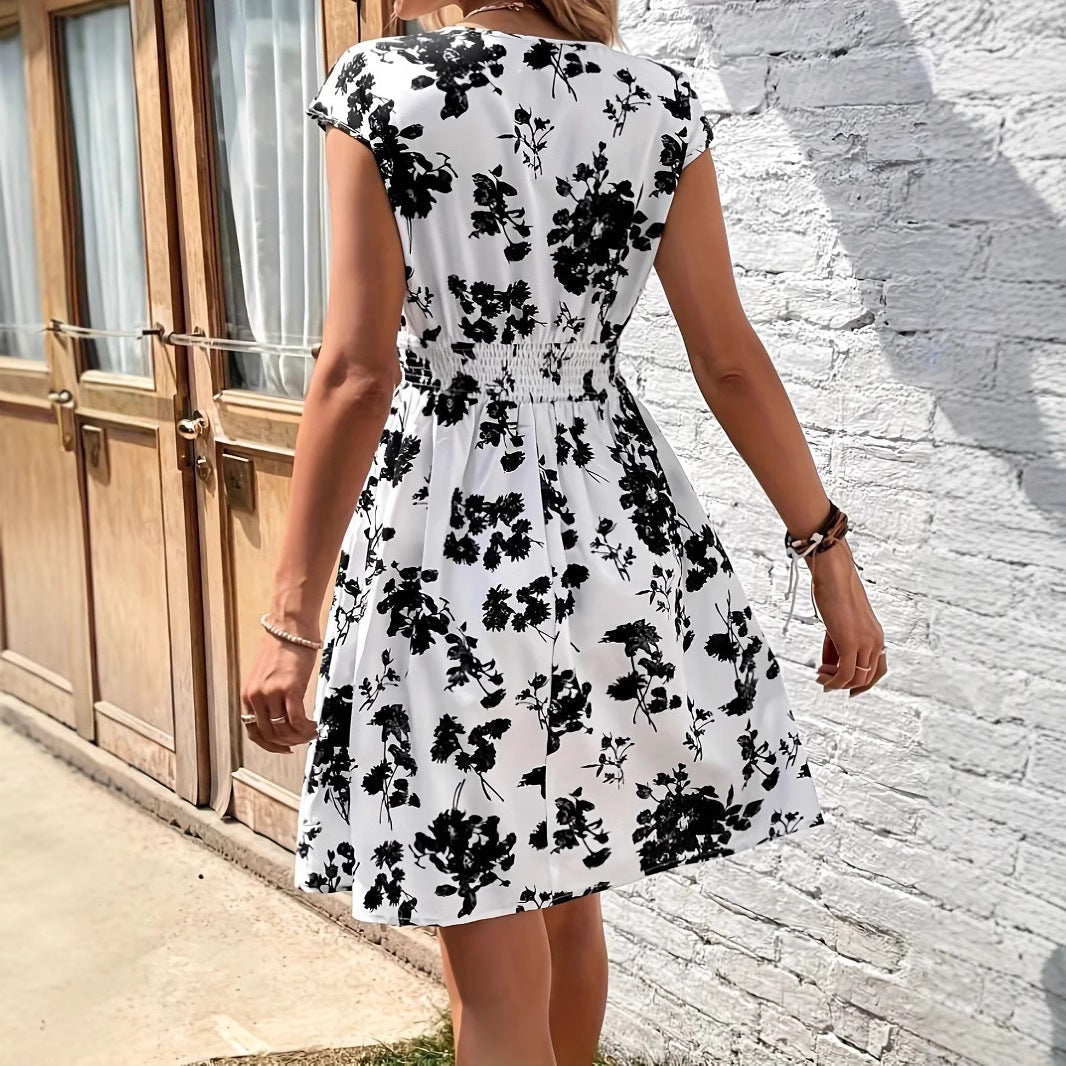 Women’s A-Line Dress – Breathable Blend – Flutter Sleeves – Smocked Waist – V-Neck