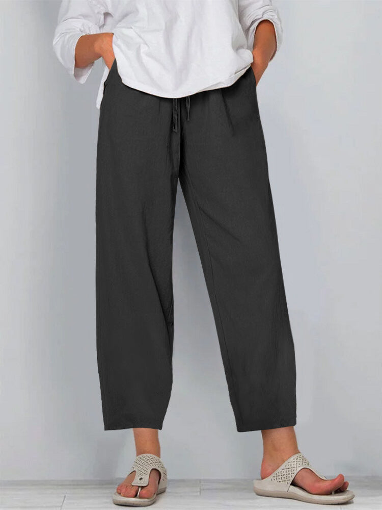 Women’s Wide-Leg Trousers – Relaxed Fit – Cotton Linen – Drawstring Waist – Full Length