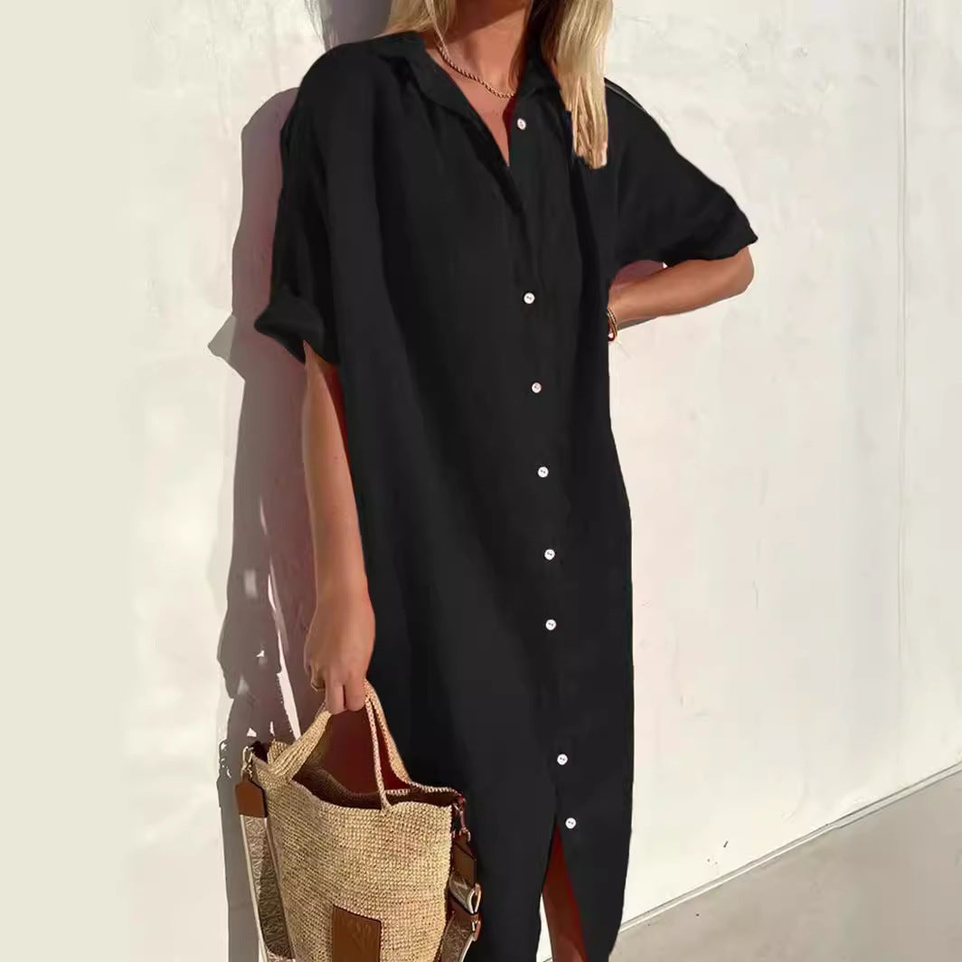 Women’s Shirt Dress – Cotton Linen Blend – Relaxed Fit – Button Down – Midi Length