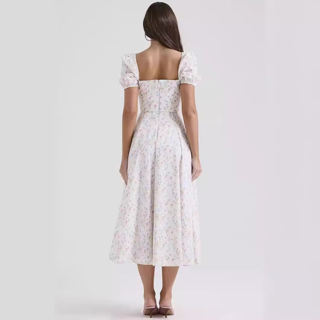 Women’s Midi Dress – Lightweight Cotton – A-Line Fit – Puff Sleeve – Square Neck
