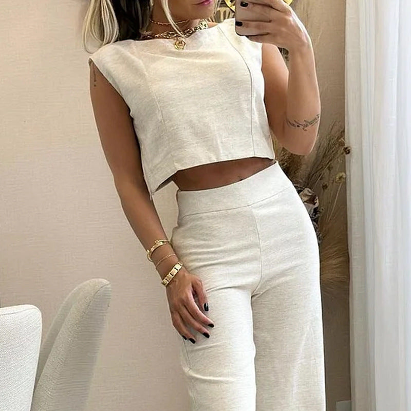 Women’s Two-Piece Set – Linen Blend – Sleeveless Crop Top – High-Waisted Wide-Leg Pants