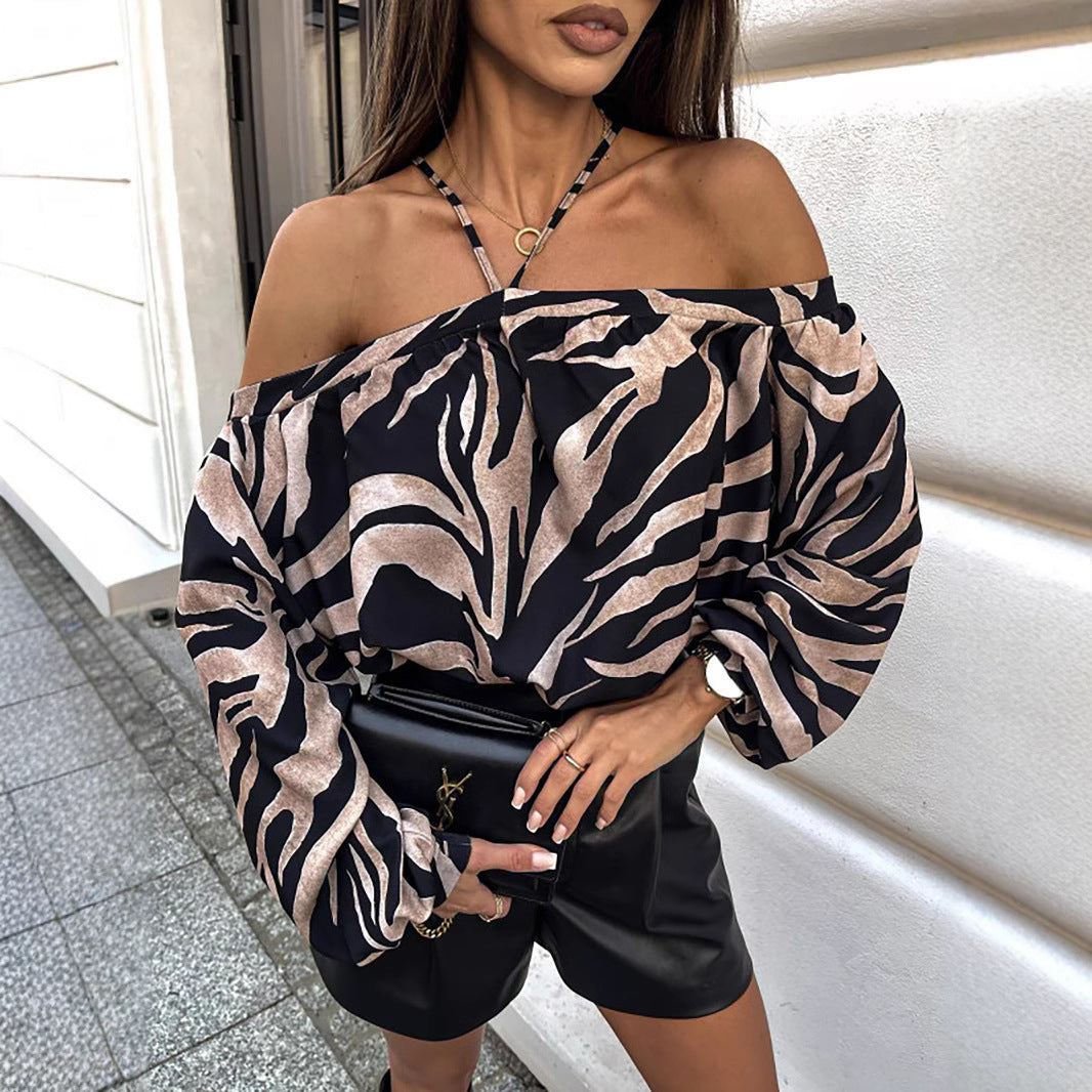 Women’s Leopard Print Off-Shoulder Top – Long Sleeve – Loose Fit – Street Style