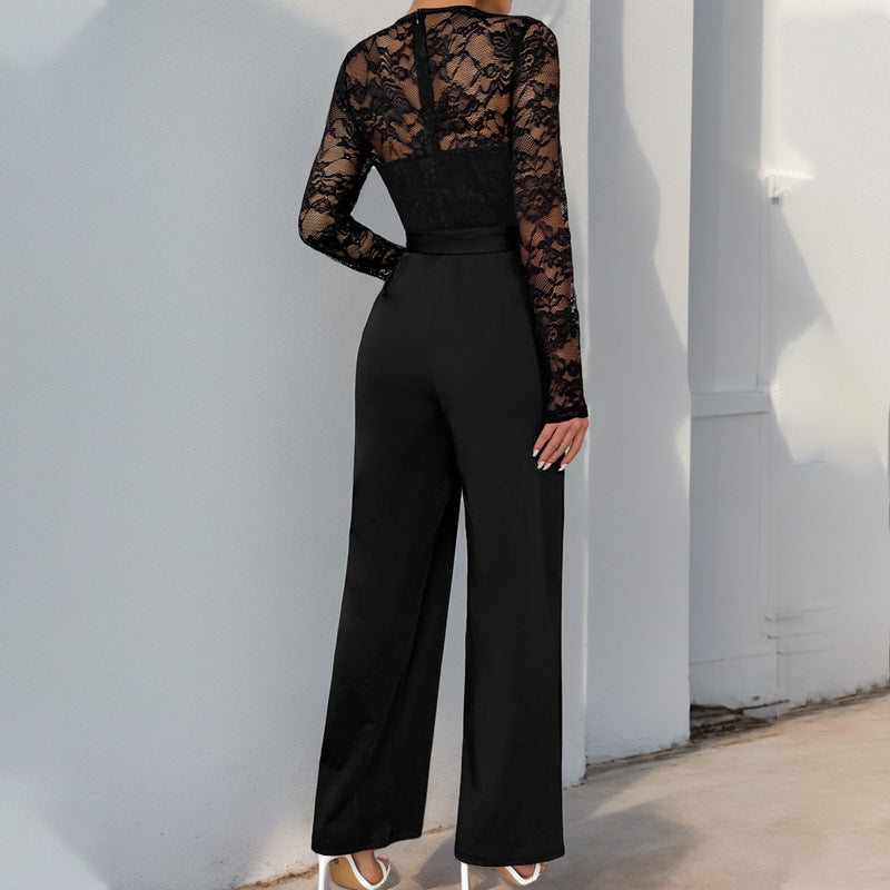 Women’s Jumpsuit – Lace Bodice – Long Sleeve – Wide Leg – Waist Tie – Formal Fit