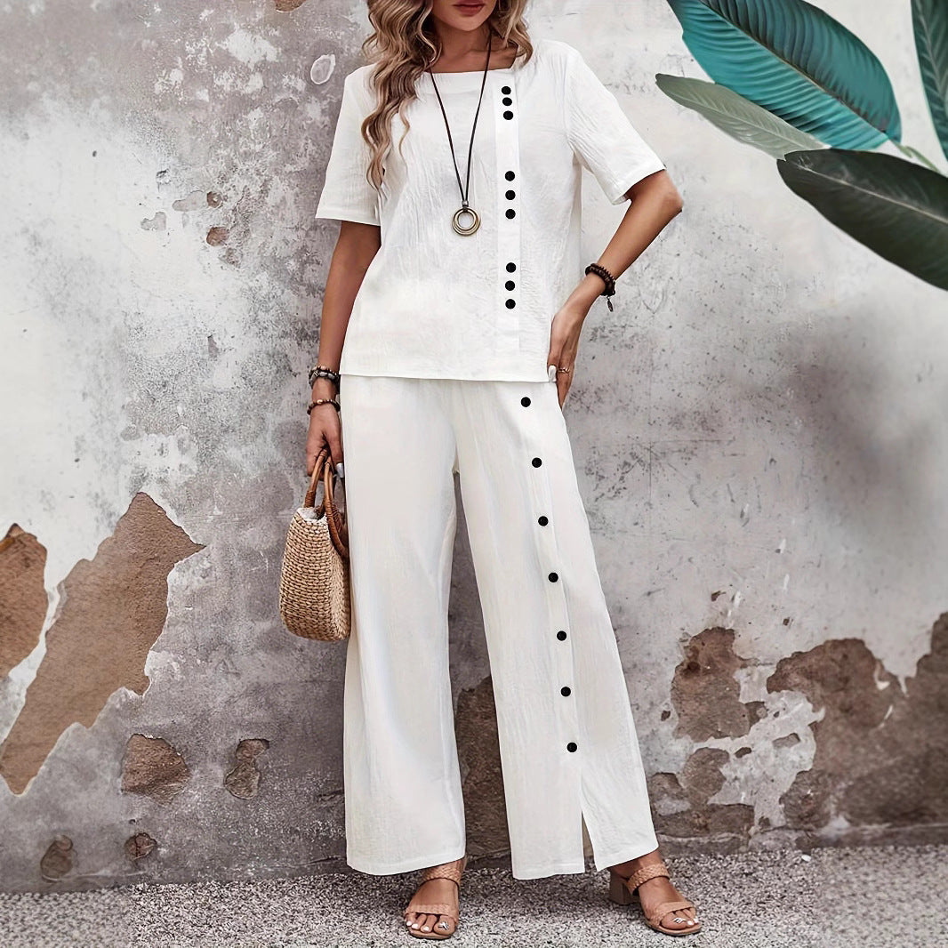 Women’s Two-Piece Set – Relaxed Fit – Wide Leg Trousers – Side Button Detail – Cotton Blend