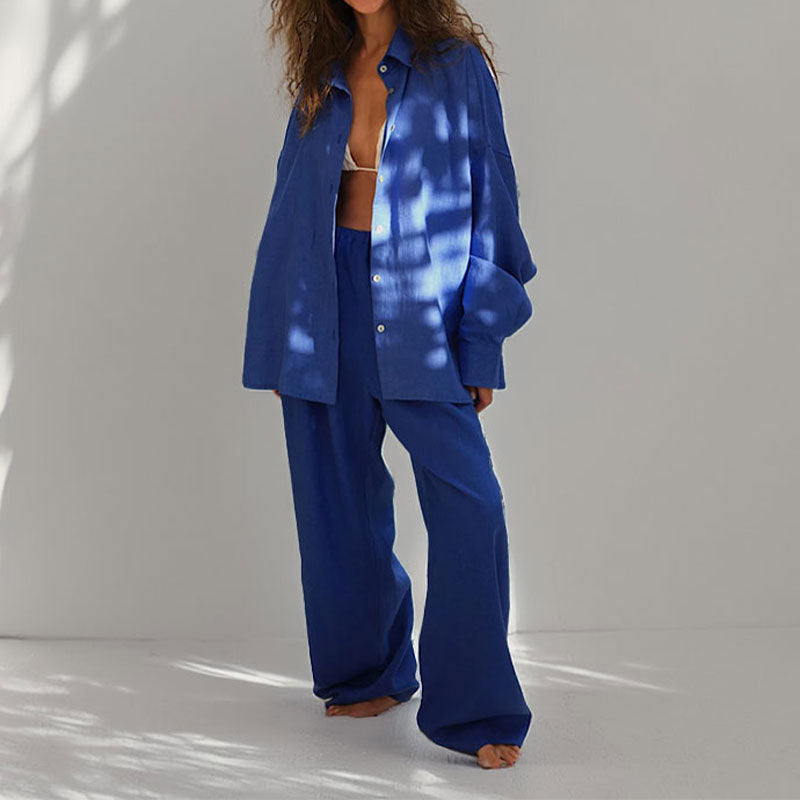 Women’s Two-Piece Set – Linen Blend – Oversized Fit – Button-Down Shirt & Wide-Leg Trousers