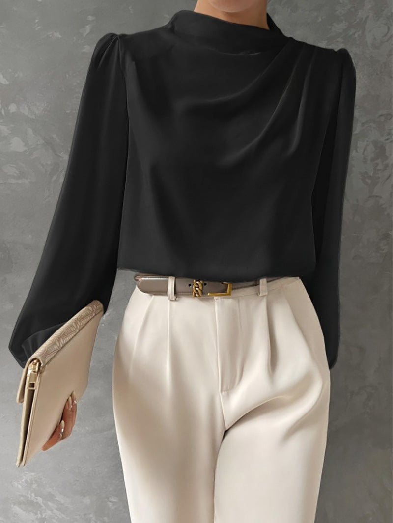 Women’s Satin Blouse – Relaxed Fit – High Neck – Long Sleeve Elegant Draped Top