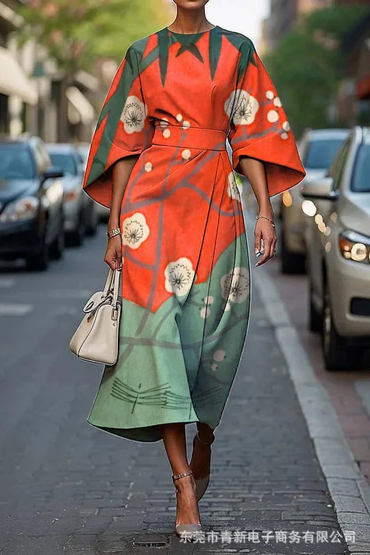 Women’s Midi Dress – A-Line Fit – Kimono Sleeves – Floral Print