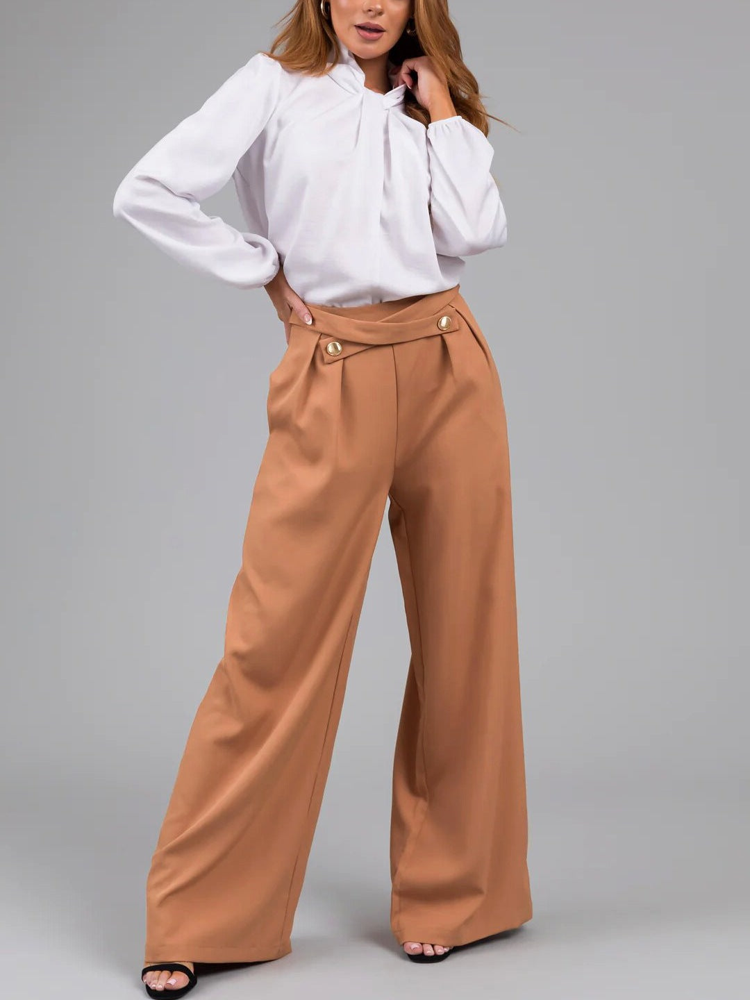 Women’s Wide-Leg Trousers – High Waist – Asymmetric Waistband – Full Length Relaxed Fit