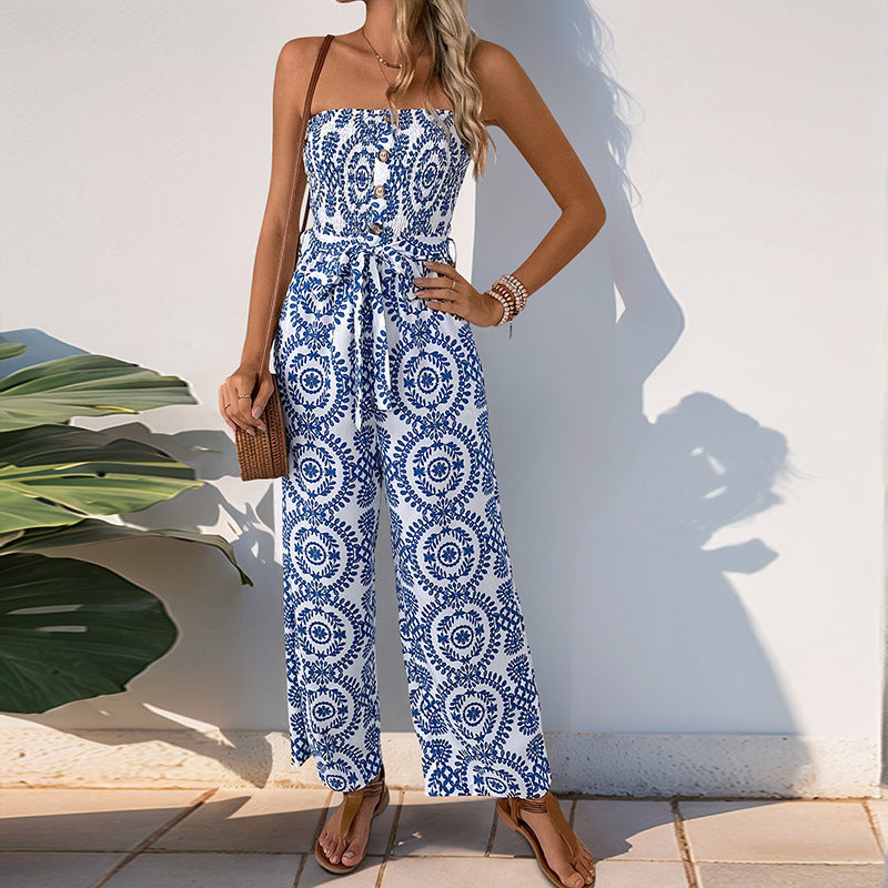 Women’s Strapless Jumpsuit – Wide Leg – Smocked Waist – Lightweight Printed Fabric