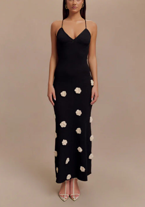 Women’s Slip Dress – Slim Fit – Knit Fabric – 3D Floral Detail – Open Back Tie Design