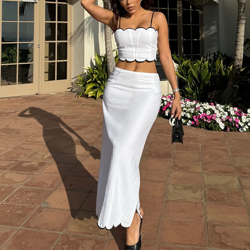 Women’s Two-Piece Set – Slim Fit Crop Top with Spaghetti Straps – Midi Skirt Flared Hem