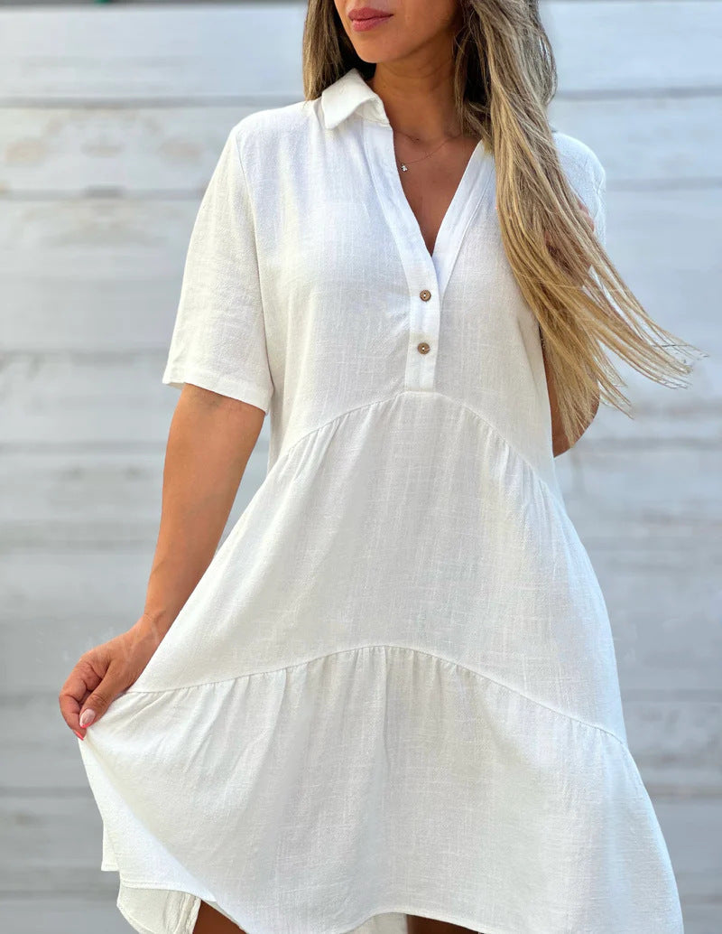 Women’s Swing Dress – Button-Up Front – Natural Fibers – V-Neck – Short Sleeve