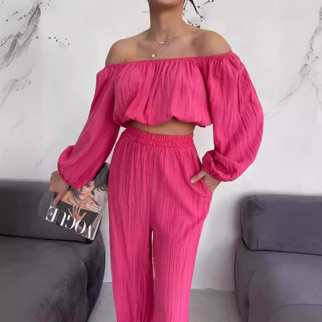 Women’s Two-Piece Set – Off-Shoulder Crop Top – Wide-Leg High-Waist Trousers – Lightweight Fabric
