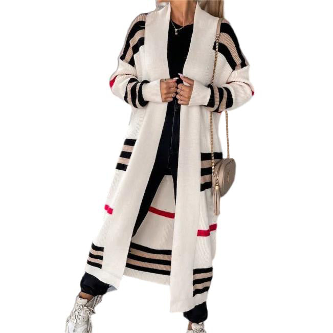 Women’s Long Cardigan – Wool Knit – Oversized Fit – Striped – Open Front Layering