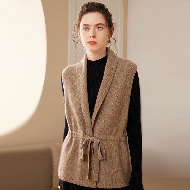 Women’s Cashmere Vest – Shawl Collar – Belted Waist – Tailored Relaxed Fit