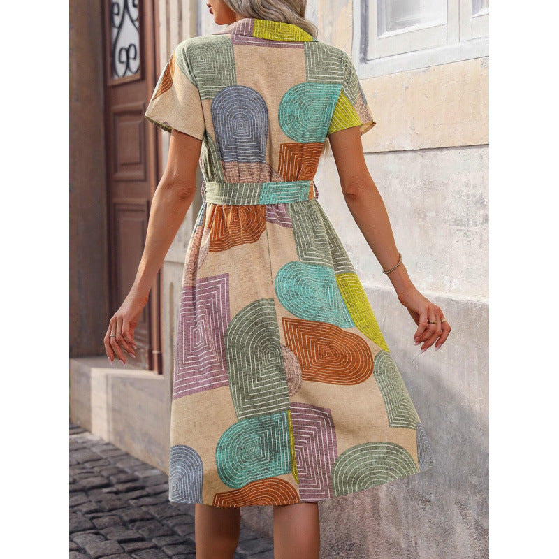 Women’s Shirt Dress – Relaxed Fit – Cotton – Belted Waist – Knee Length – Geometric Pattern