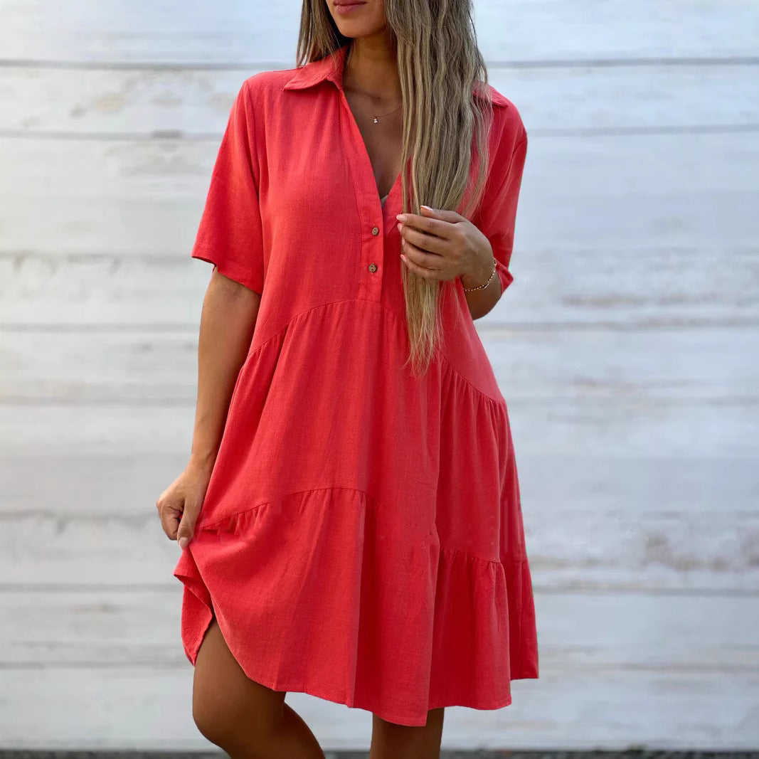 Women’s Swing Dress – Button-Up Front – Natural Fibers – V-Neck – Short Sleeve