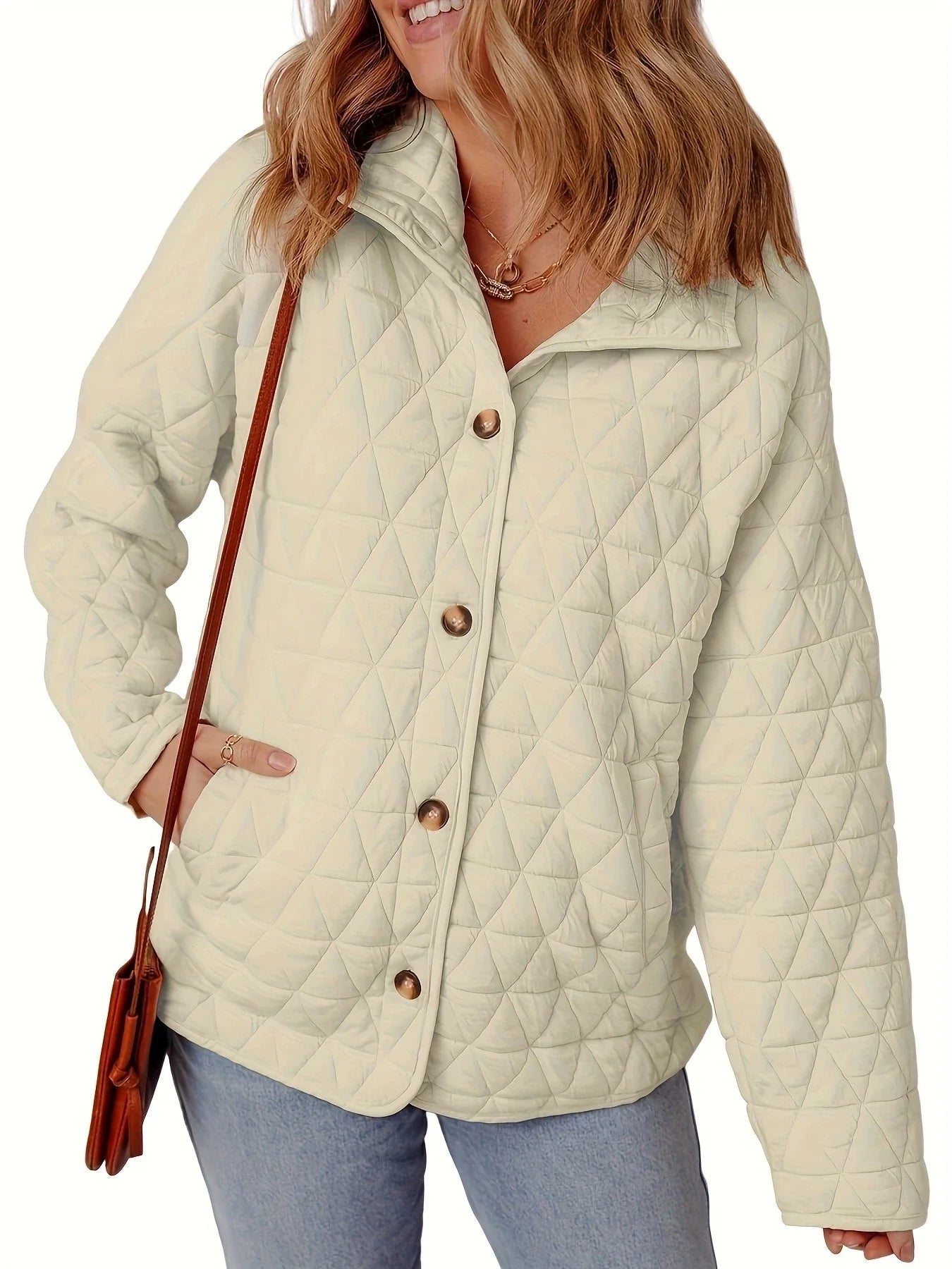 Women’s Quilted Coat – Cotton – Oversized Fit – Button Front – Mid Length