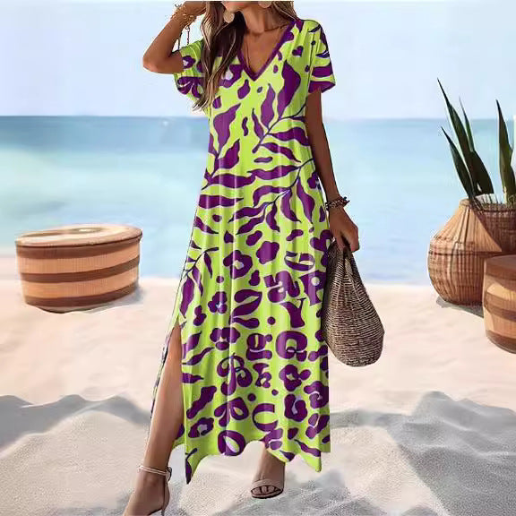 Women’s Maxi Dress – Relaxed Fit – V-Neck – Short Sleeve – Side Slit