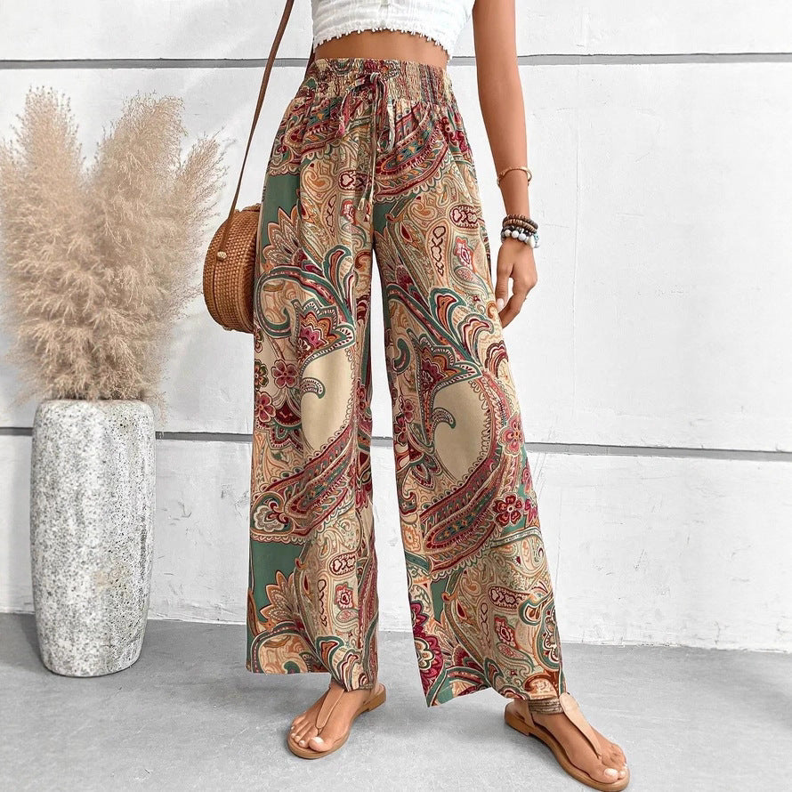 Women’s Wide-Leg Trousers – Bohemian Print – High Waist Tie Belt – Flowy Fit
