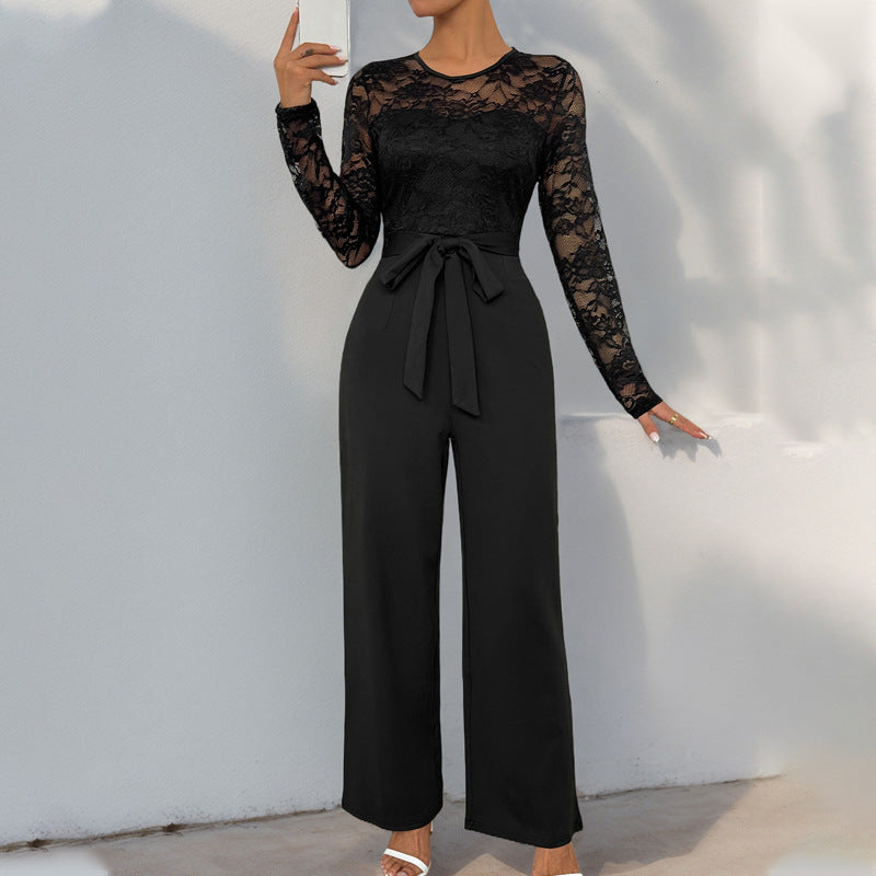 Women’s Jumpsuit – Lace Bodice – Long Sleeve – Wide Leg – Waist Tie – Formal Fit