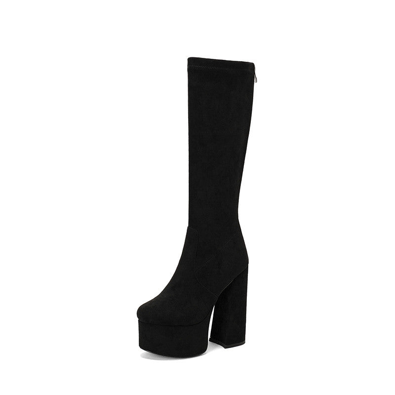 Women’s Knee-High Boots – Suede Look – Chunky Heel – Platform Sole – Rear Zip