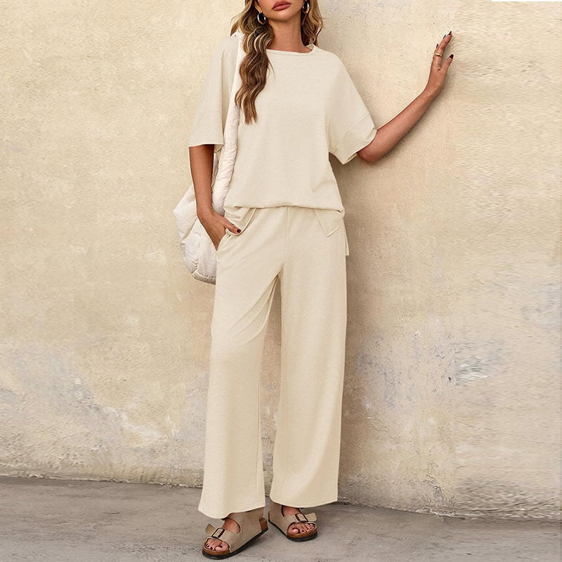 Women’s Two-Piece Set – Cotton Blend – Relaxed Fit – Short Sleeve Top & Wide-Leg Trousers