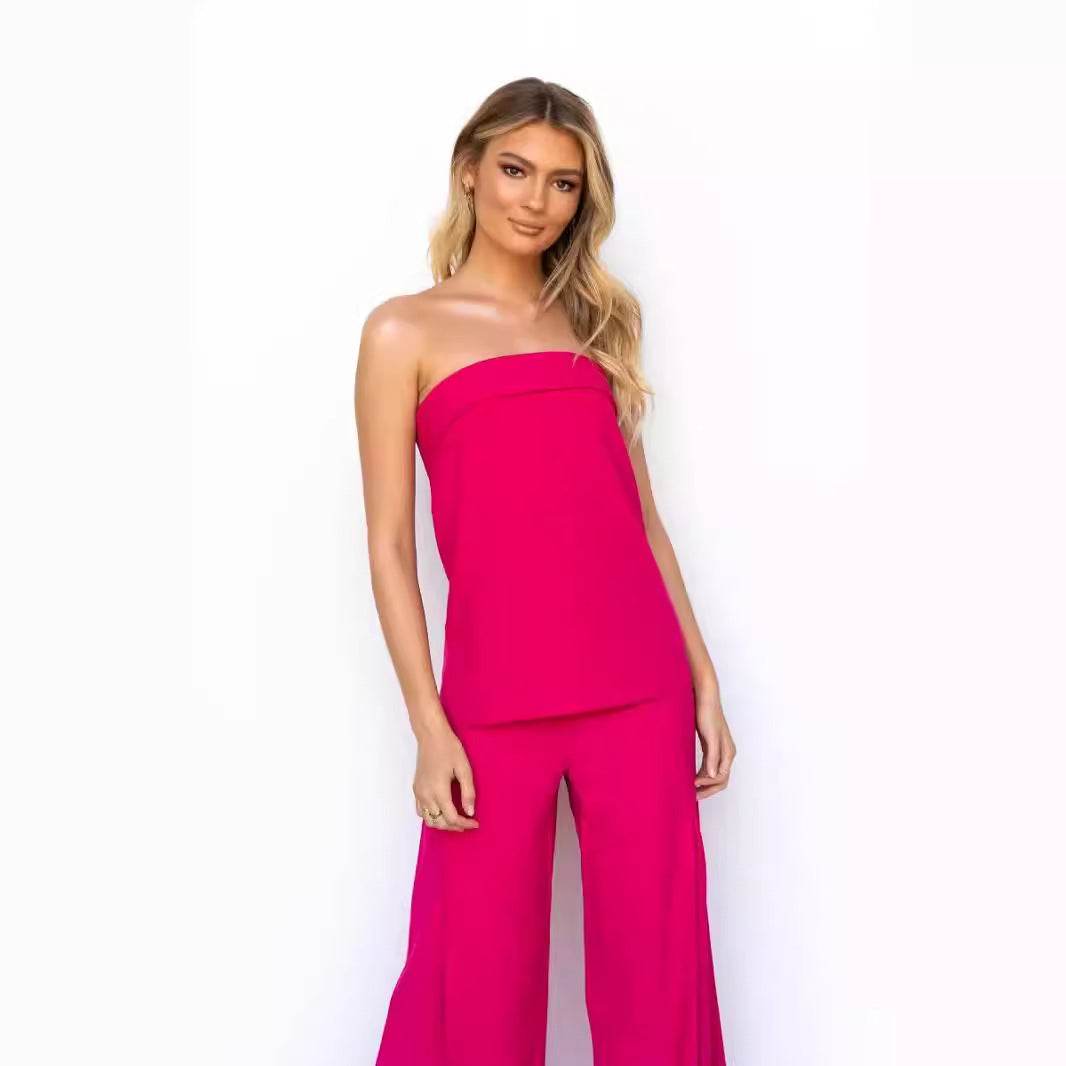 Women’s Matching Set – Strapless Crop Top – High Waist Flared Trousers – Soft Breathable Fabric