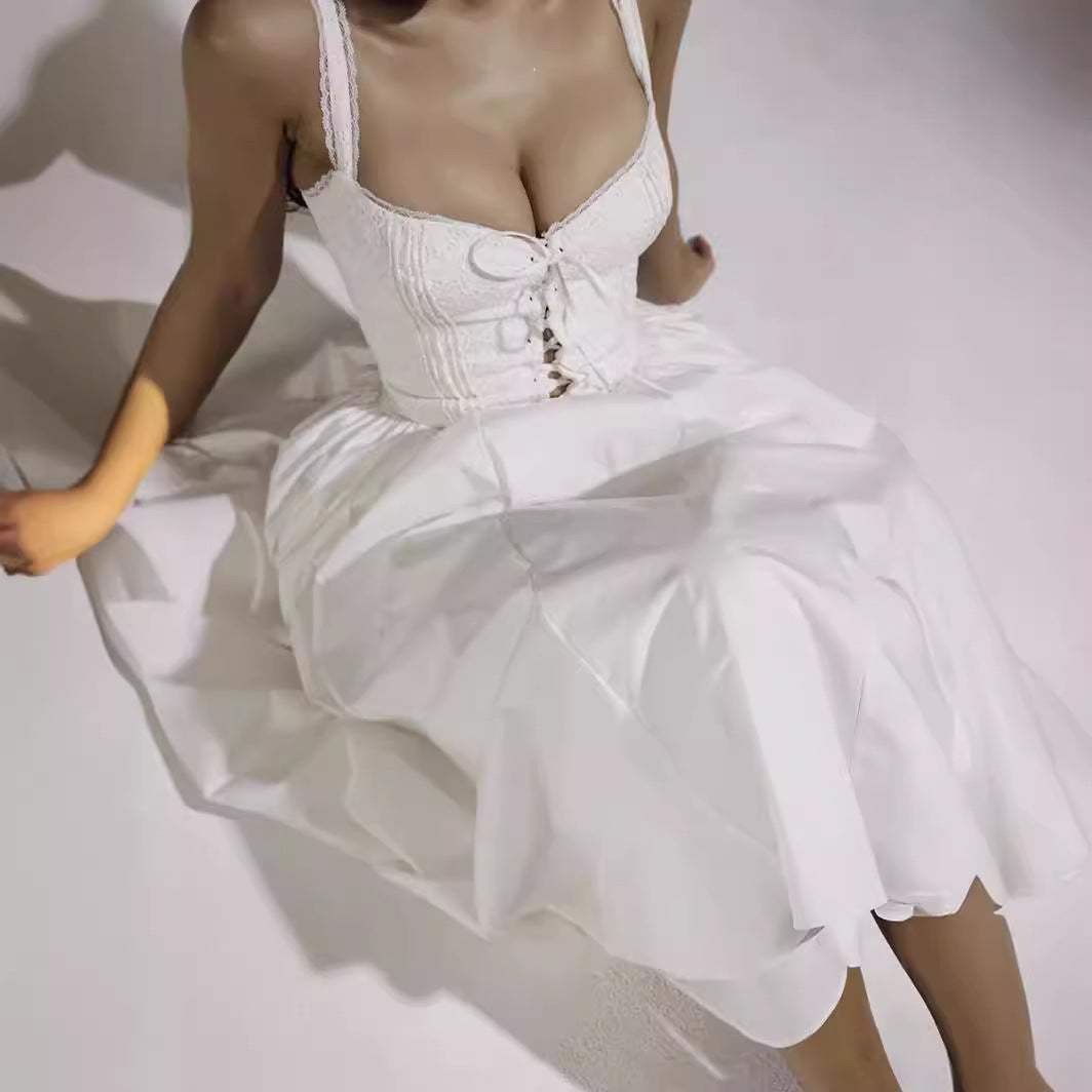 Women’s Midi Dress – Off-Shoulder – Fitted Bodice – Flowing Skirt – Lace Detail