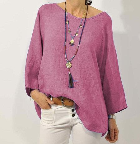 Women’s Cotton Linen Top – Relaxed Fit – 3/4 Raglan Sleeve – Asymmetrical Hem