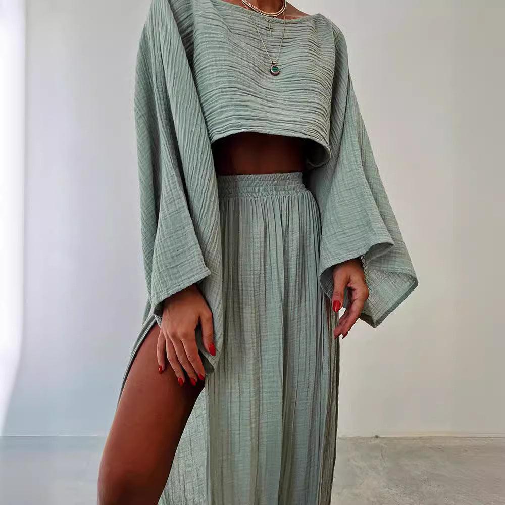 Women’s Two-Piece Set – Relaxed Fit – Boat Neck – 3/4 Wide Sleeves – High Slit Maxi Skirt