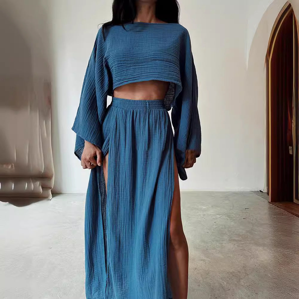 Women’s Two-Piece Set – Relaxed Fit – Boat Neck – 3/4 Wide Sleeves – High Slit Maxi Skirt