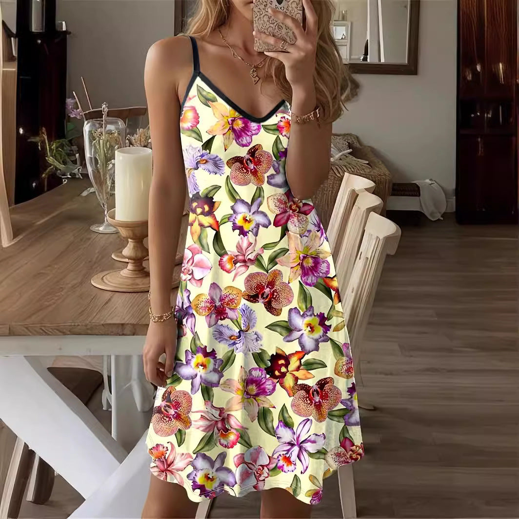 Women’s Mini Dress – A-Line Fit – Spaghetti Straps – V-Neck – Floral Print