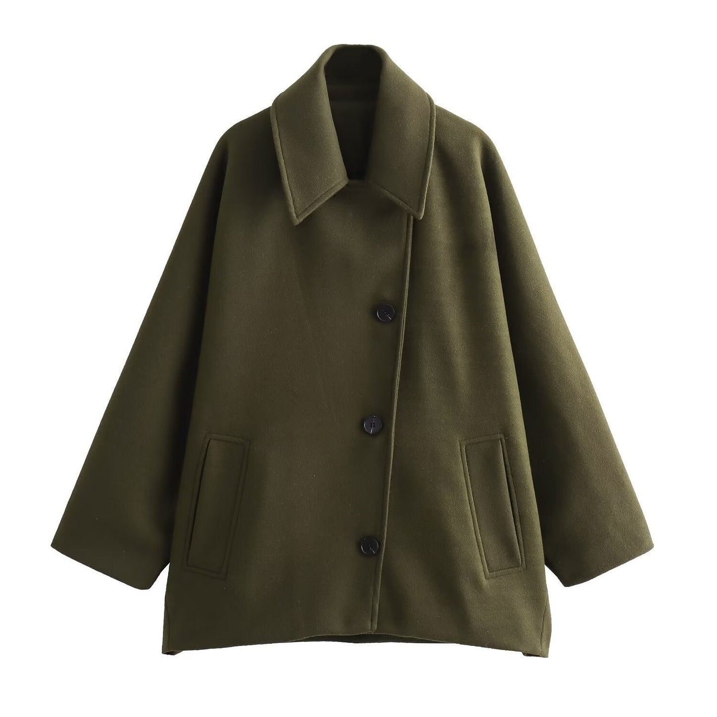 Women’s Wool Jacket – Oversized Fit – Button Front – Wide Collar – Hip Length Casual