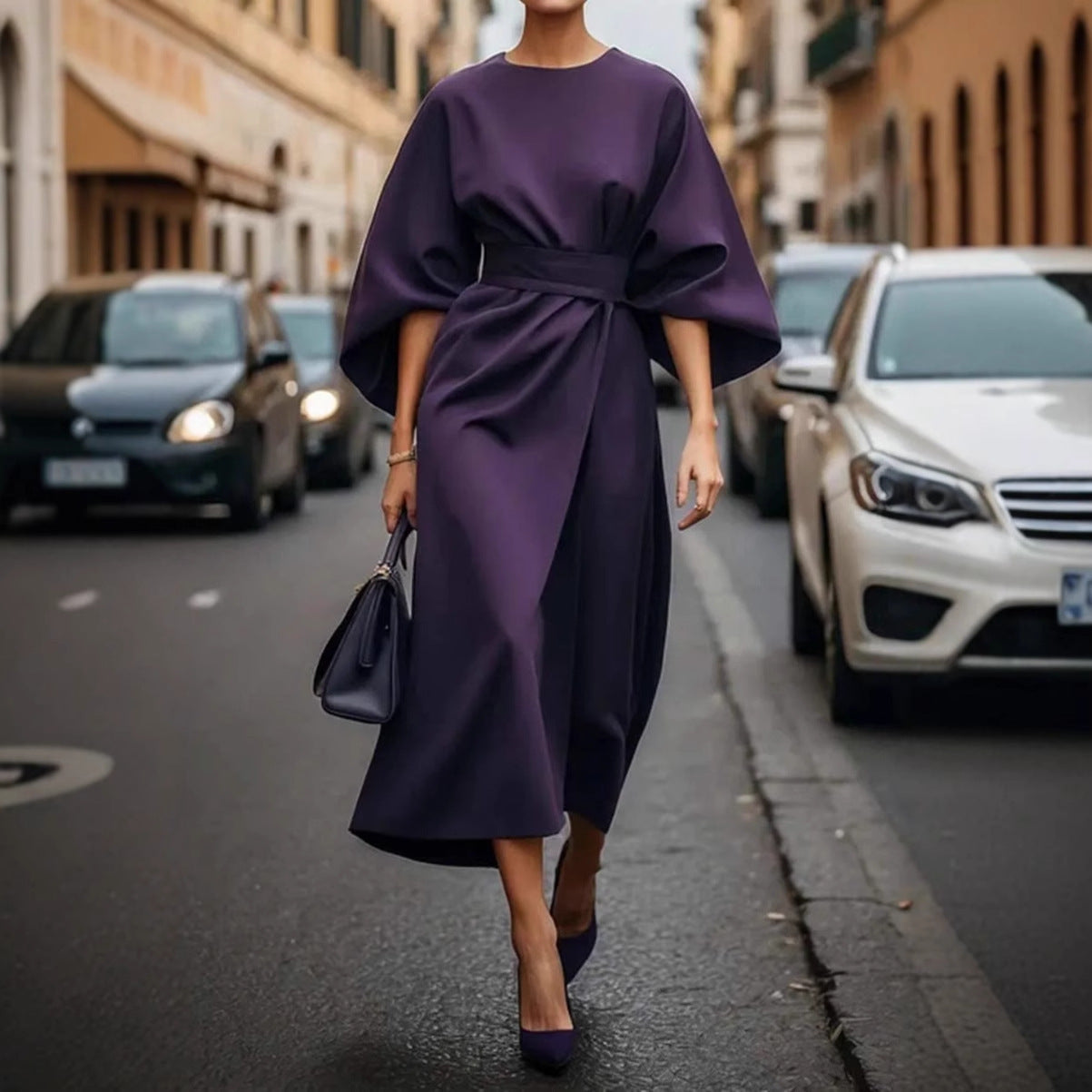 Women’s Long Dress – Satin Feel – Batwing Sleeves – Draped Fit – Waist Belt