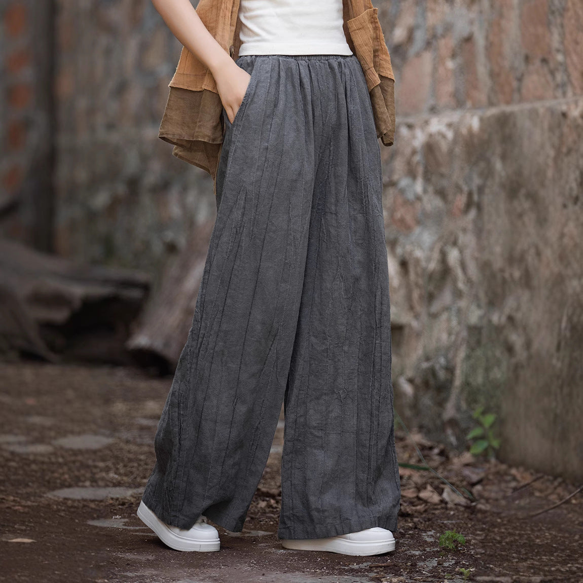 Women’s Wide-Leg Trousers – Linen Cotton Blend – Relaxed Fit – Elastic Waistband Casual Style