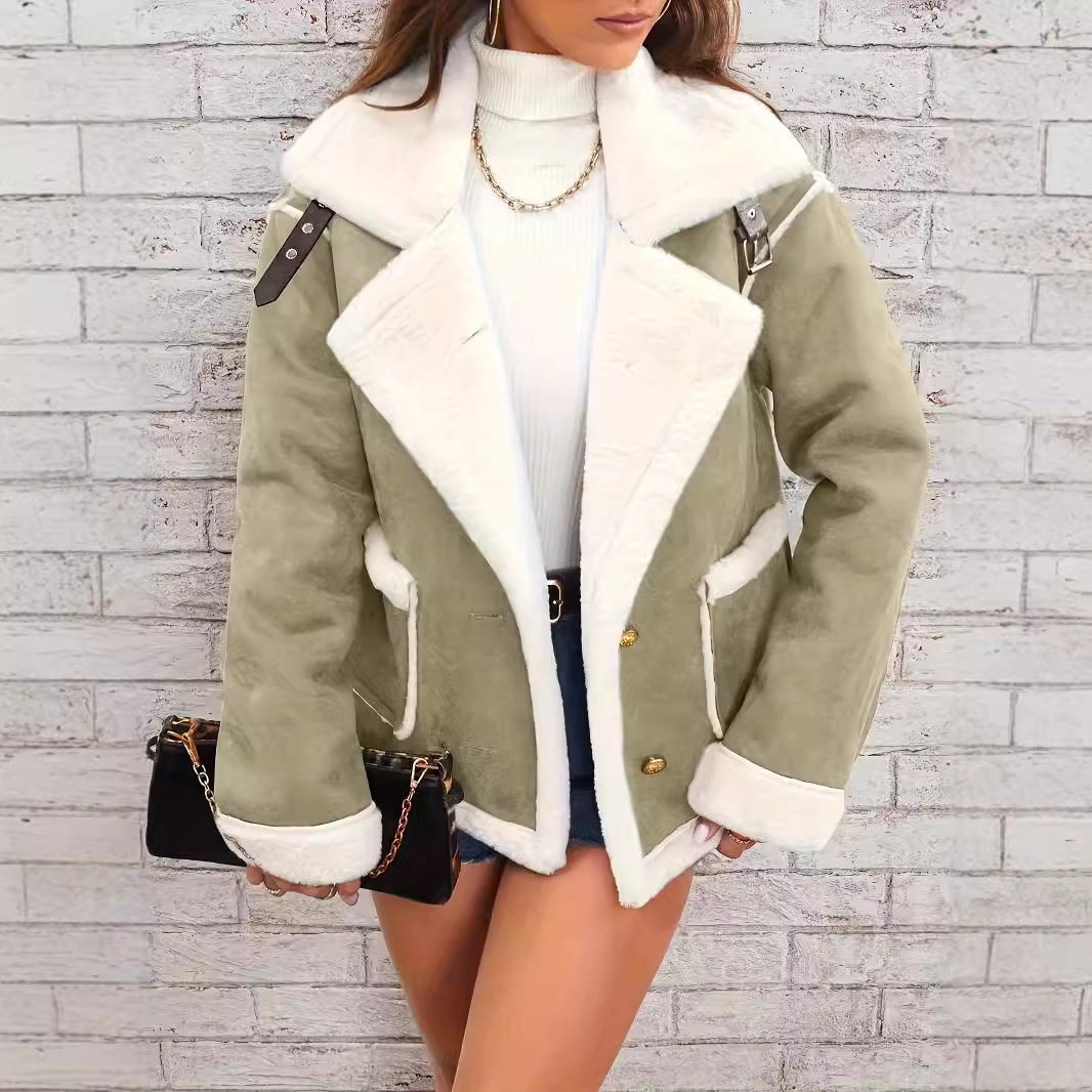 Women’s Faux Fur Jacket – Oversized Fit – Suede Look – Double-Breasted – Hip Length