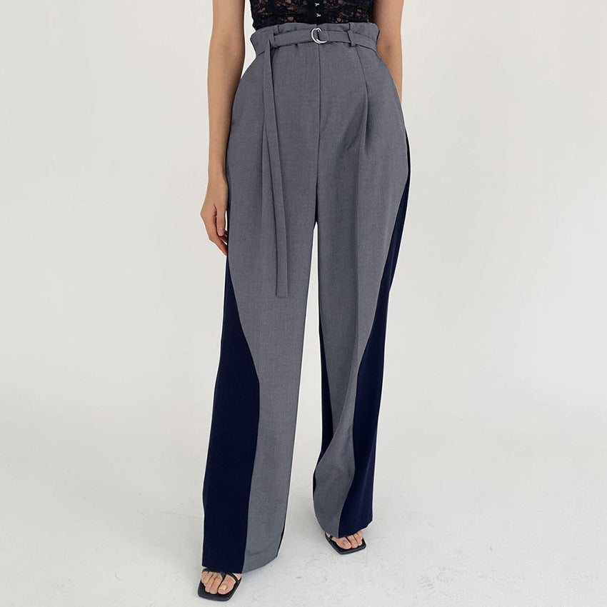 Women’s Wide-Leg Trousers – High Waist – Belted Ring Waistband – Colour Block Panel